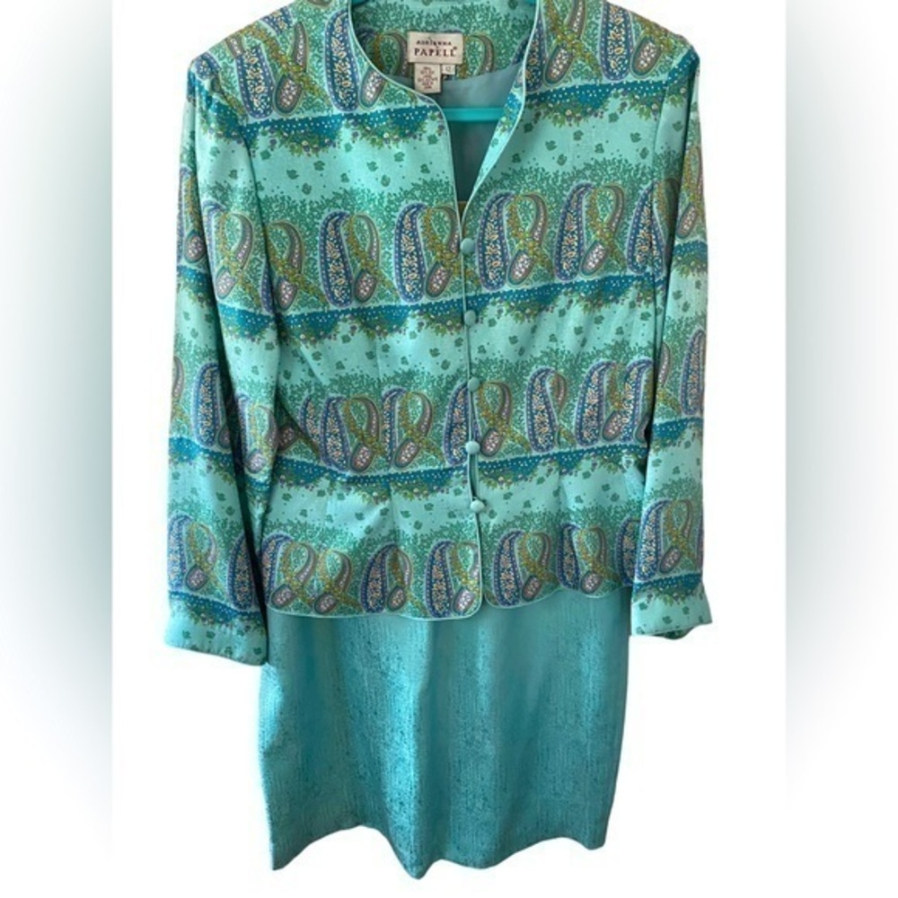 Adrianna Papell skirt suit aqua paisley 100% silk button front A-Line skirt 12